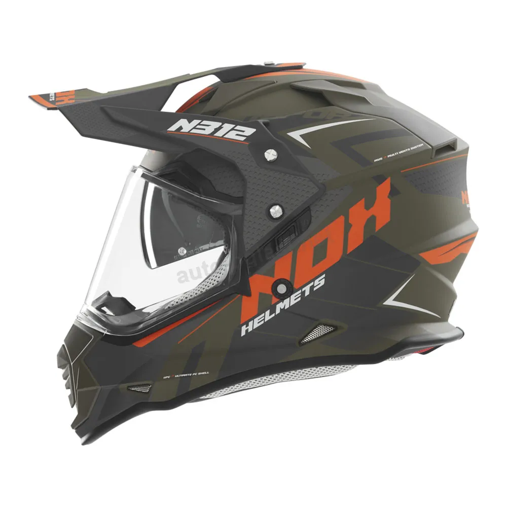 Kaciga NOX Enduro sa vizirom N312 VAPOR KHAKI mat zeleno narandžasta XL